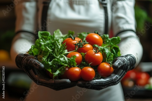 A futuristic image featuring robotic hands carefully holding fresh tomatoes and lettuce. The contrast between organic food and mechanical hands highlights the intersection of technology and nature. AI photo