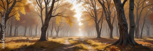 A row of slender branch limbs stretching from the trunk to their fullest extent in the autumn landscape, outdoor scenery, autumn branch tree