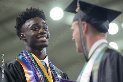 Happy graduate celebrating achievement with fellow classmate at graduation ceremony wearing caps and gowns with colorful stoles in a bright indoor venue photo