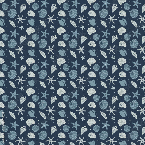 A blue seamless pattern of sea creatures such as starfish and clams