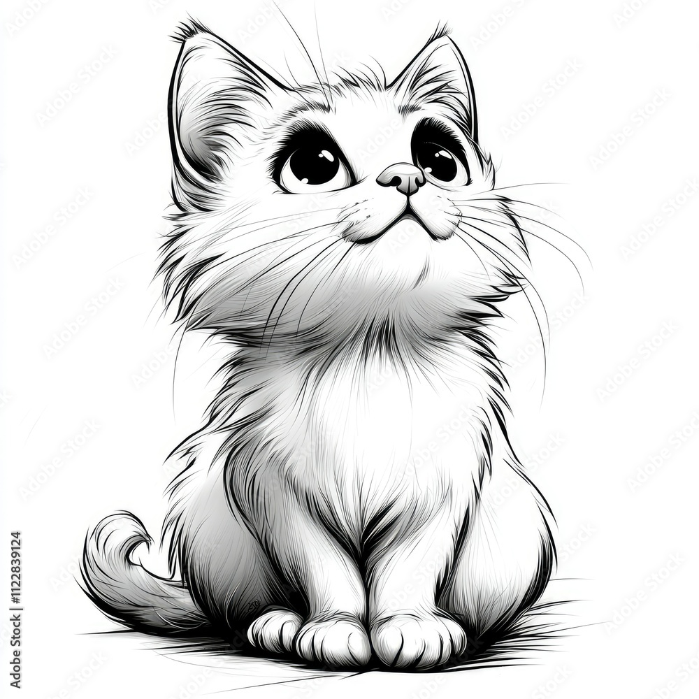 Fototapeta premium Adorable Kitten Looking Upwards, Black and White Line Art Illustration