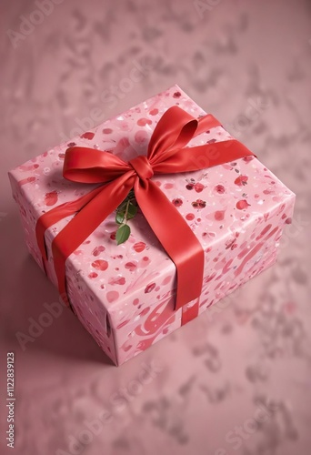 A Valentine's Day gift with wrapping paper and ribbon and a bow tied around it, wrapping paper, holiday