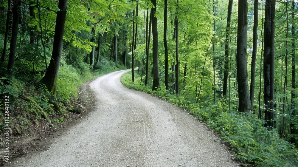 Fototapeta premium A winding forest road meanders through dense greenery, inviting exploration and an escape into nature's lush embrace.