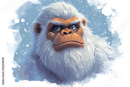 A stylized illustration of a yeti with a serious expression against a snowy background.