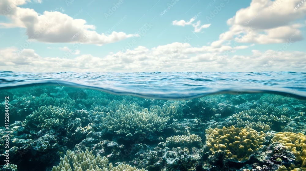 Fototapeta premium Peaceful Coral Reef With Light Clouds Overhead And Wide Ocean View In Serene Natural Seascape : Generative AI