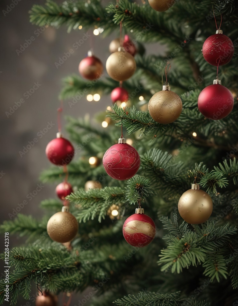Decorative ornaments scattered on a bare Christmas tree branch, bauble christmas tree, evergreen tree, wooden trims