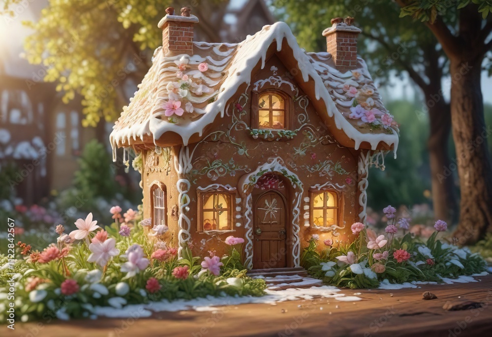 Fototapeta premium Delicate icing flowers and leaves adorn a charming gingerbread cottage, leaf details, rustic