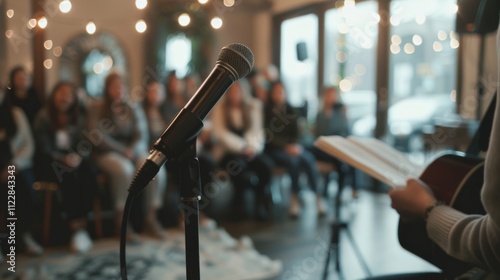 A cozy poetry reading, microphone ready for an intimate gathering in a warmly lit room.