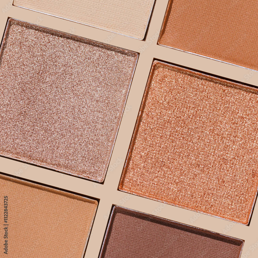 Fototapeta premium Cosmetics texture pattern, makeup palette vivid neutral color eye shadow, square eye powder swatches. Female cosmetic and beauty products, aesthetic minimal beauty photo, colorful eyeshade, top view