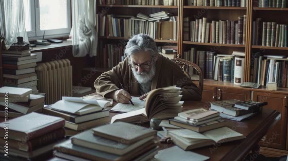 An elderly scholar deeply engrossed in writing at a cluttered desk, surrounded by towering stacks of books in a cozy library. An elderly scholar deeply engrossed in writing at a cluttered desk, surrounded by towering stacks of books in a cozy library.