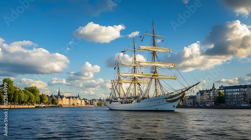 Classic Tall Ship Sailing Under Blue Skies in Scenic Urban Waterfront : Generative AI photo