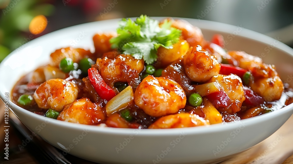 Spicy Sweet and Sour Shrimp with Peppers and Peas in Gourmet Bowl : Generative AI Spicy Sweet and Sour Shrimp with Peppers and Peas in Gourmet Bowl : Generative AI