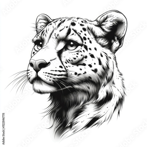 Majestic Cheetah Head, Black and White Ink Drawing, Wildlife Portrait photo