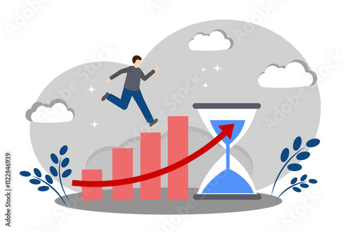 Hourglass and the concept of career growth. A man runs up the career ladder