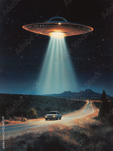 Retro-futuristic vintage card illustration of an alien spaceship and a car, UFO in 1950