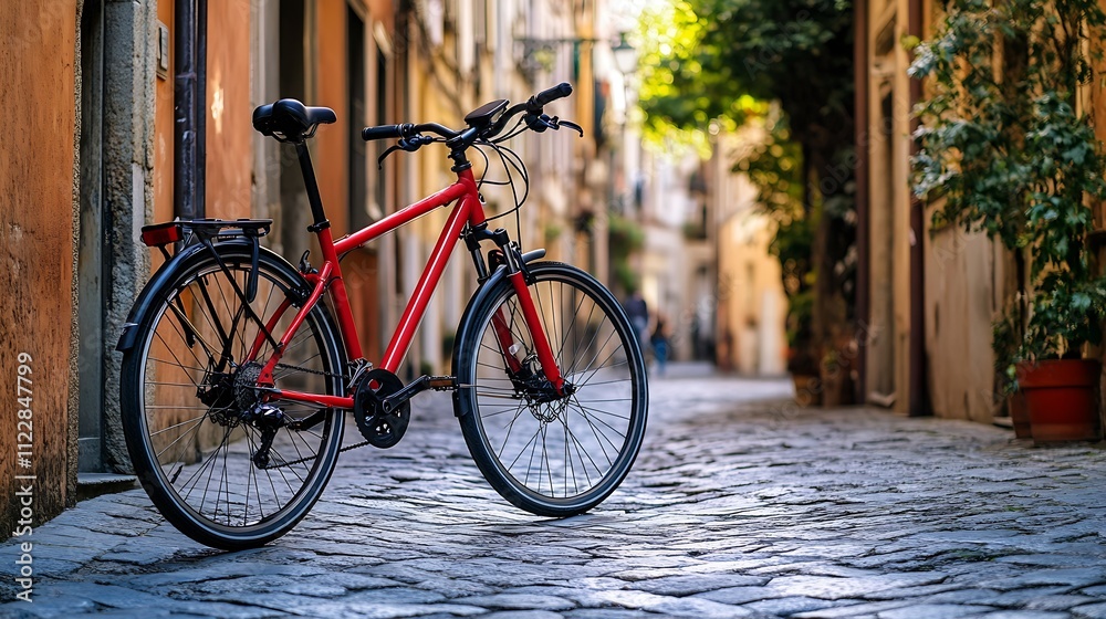 Modern Red Bicycle in Picturesque European Street on a Sunny Day : Generative AI Modern Red Bicycle in Picturesque European Street on a Sunny Day : Generative AI