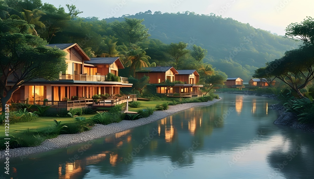 Tranquil riverfront retreat lush hillside scenic image serene nature evening view eco-friendly living concept for relaxation and escape Tranquil riverfront retreat lush hillside scenic image serene nature evening view eco-friendly living concept for relaxation and escape