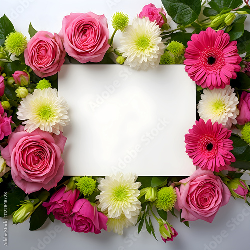 Floral arrangement surrounding a white frame photo