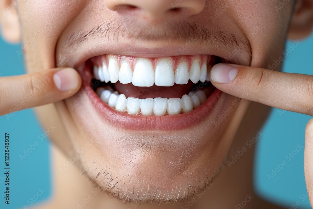 Fototapeta premium Close up of a man with white teeth pointing at pain, featuring space for text or annotations