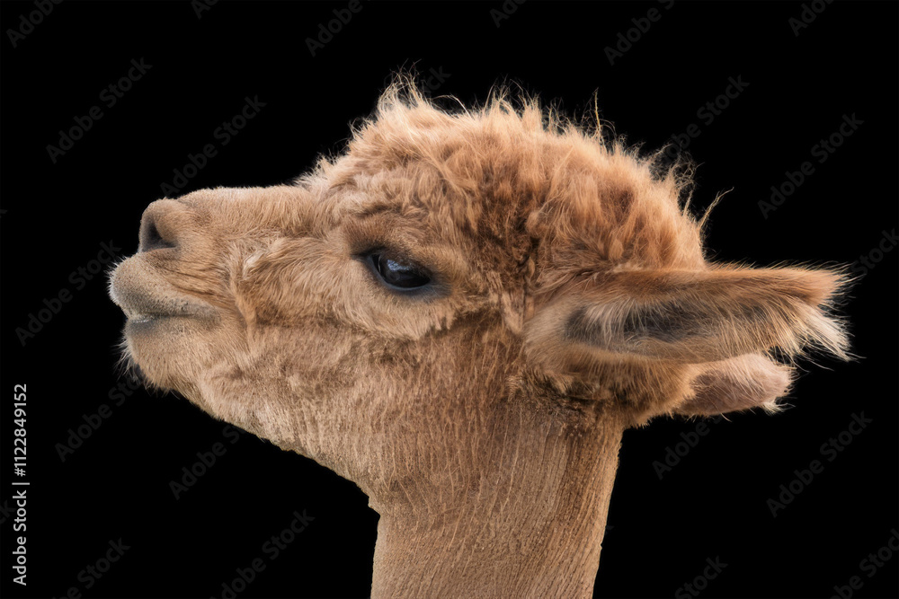 Fototapeta premium Brown llama portrait with expressive features isolated on a black background
