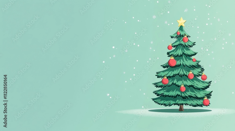 Obraz premium Stylized cartoon Christmas tree with green tones and decorations, displayed on a minimalistic background with copy space