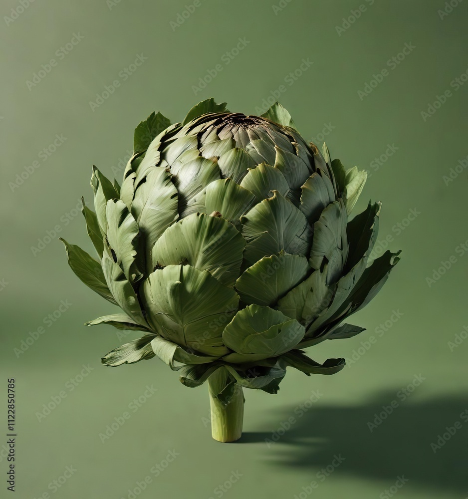 Obraz premium Textured Artichoke on Plain Green Background with Deep Shadows, detail, artichoke, textured