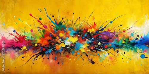 Colorful Abstract Painting with Splatters and Lines on a Yellow Background Framed by a Black Border for Use in Modern Art Displays and Creative Projects