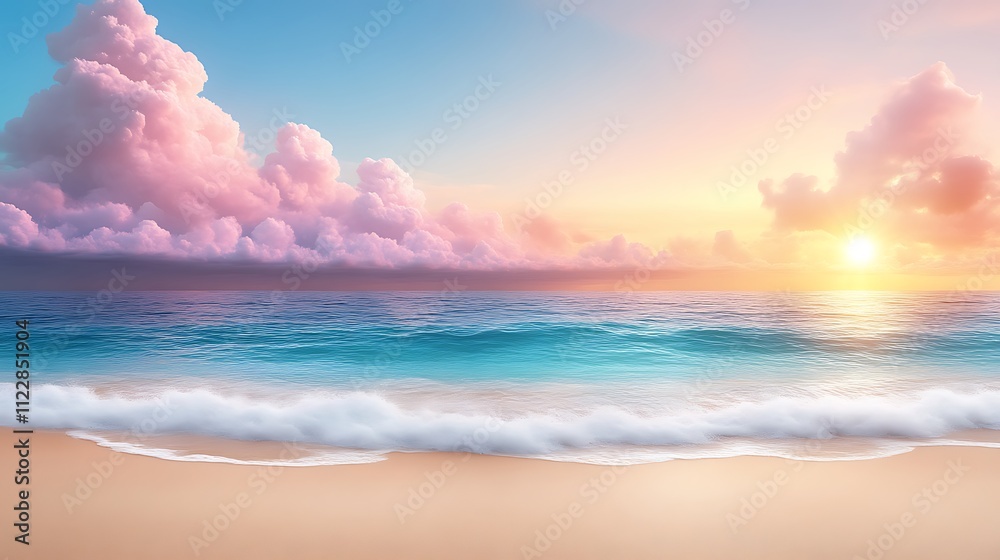 Serene Sunset Beach Scene With Pink Clouds and Ocean Waves Serene Sunset Beach Scene With Pink Clouds and Ocean Waves