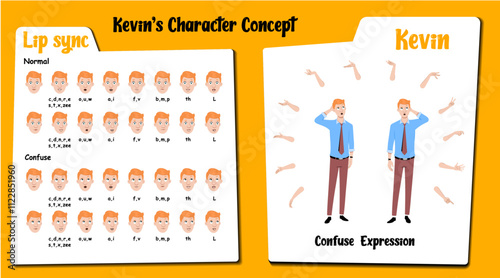 Confused male employee cartoon character AKA Kevin, men wearing an office uniform. Confused face expressions and lip sync. Set of male cartoon with various hand gesture and front and 1/3 standing pose