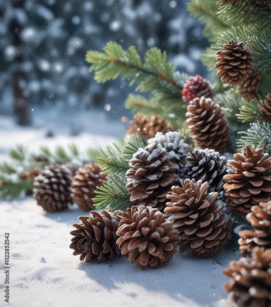 Fototapeta premium winter wonderland scene with pinecones and ornaments on a snowy background, holiday decor, forest scenery