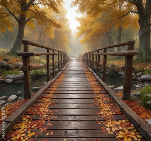 Wooden bridge crossing over a serene and tranquil stream with falling autumn leaves creating a soft carpet, wood, nature, landscape photo