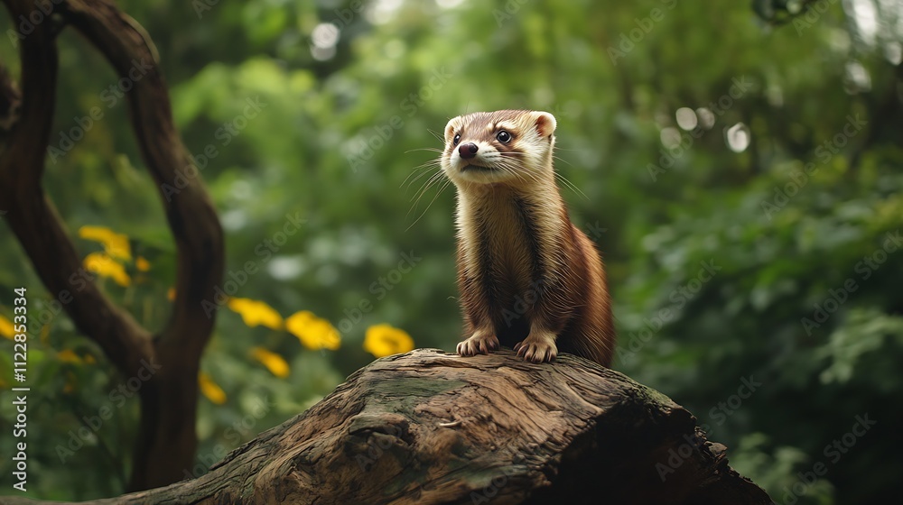 Fototapeta premium Curious Ferret Posing on a Tree Stump in Lush Green Forest Setting : Generative AI
