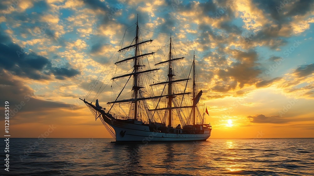 Obraz premium Tall Ship Sailing Toward Horizon at Golden Sunset with Dramatic Clouds : Generative AI