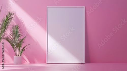 Blank frame mock up displayed against a vibrant pink wall with natural lighting