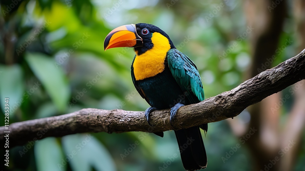 Fototapeta premium Colorful Toucan with Prominent Beak Perched on Jungle Tree Branch : Generative AI