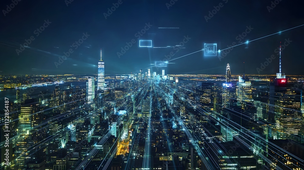 Naklejka premium A cityscape with a lot of lights and a lot of houses. The lights are connected to each other and to the houses