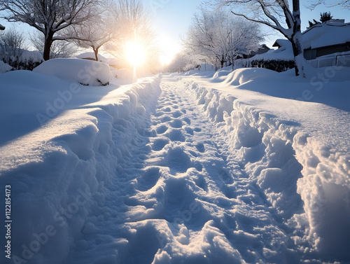 Verschneite Straße mit tiefem Schnee bei Sonnenaufgang in einer Winterlandschaft
 photo