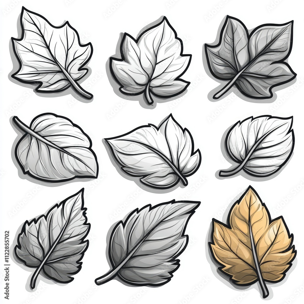 Obraz premium Collection of Nine Detailed Hand-Drawn Leaves in Various Shades of Gray and Gold