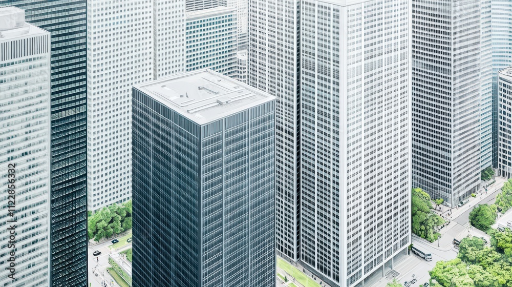 Aerial view of modern city skyscrapers, urban landscape with high-rise buildings, streets and green spaces. Aerial view of modern city skyscrapers, urban landscape with high-rise buildings, streets and green spaces.