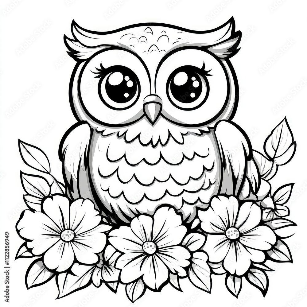 Fototapeta premium Adorable Cartoon Owl in Blooming Flowers - Black and White Line Art