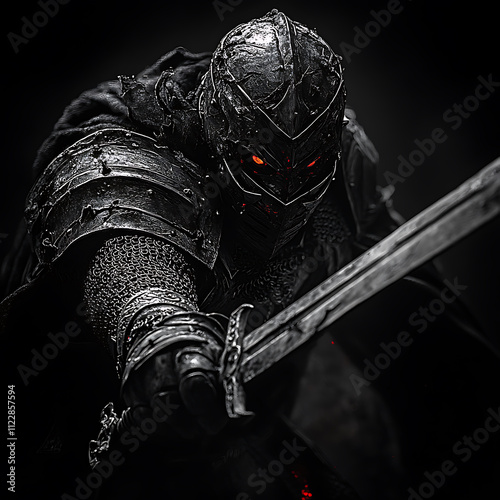 fierce armored warrior with glowing eyes brandishes sword in darkness photo