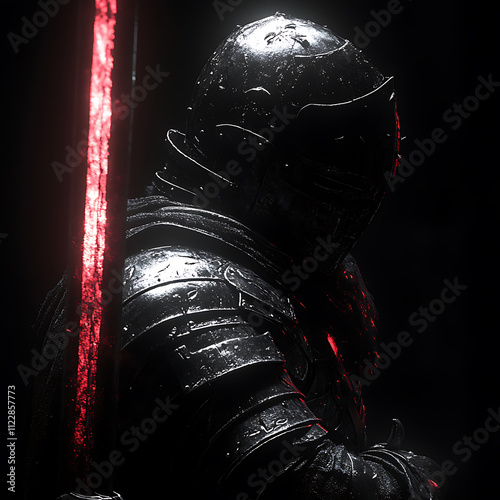 Cinematic high contrast image of medieval knight with sword, showcasing strength and mystery photo