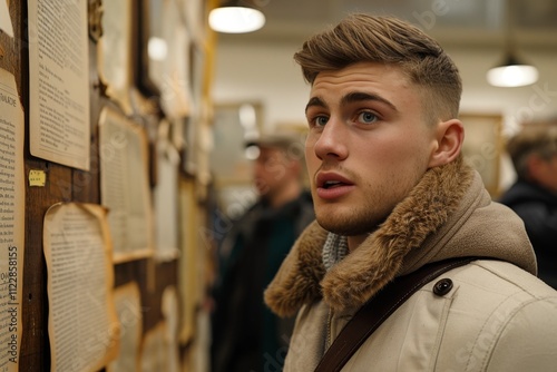 Scientist in lab coat analyzes complex scientific diagrams on the wall in research environment