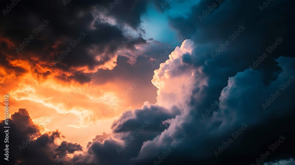 Obraz premium Magnificent Cloudscape with Deep Blue and Fiery Orange Glow During Magical Sunset : Generative AI