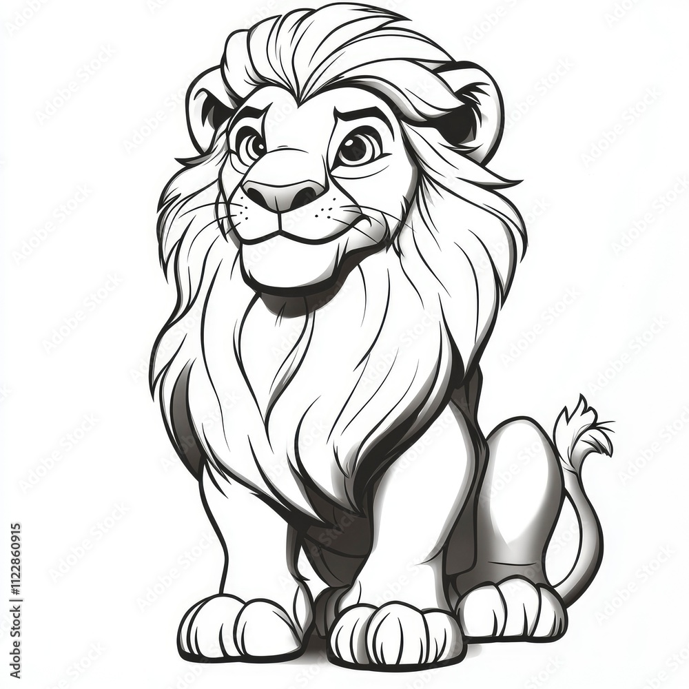 Obraz premium Adorable Cartoon Lion Cub Illustration - Black and White Line Art