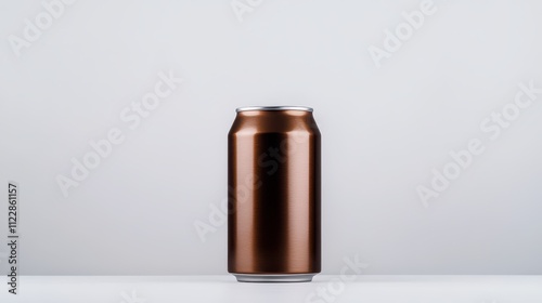 Metallic brown drinks can placed on a minimalist table against a light background