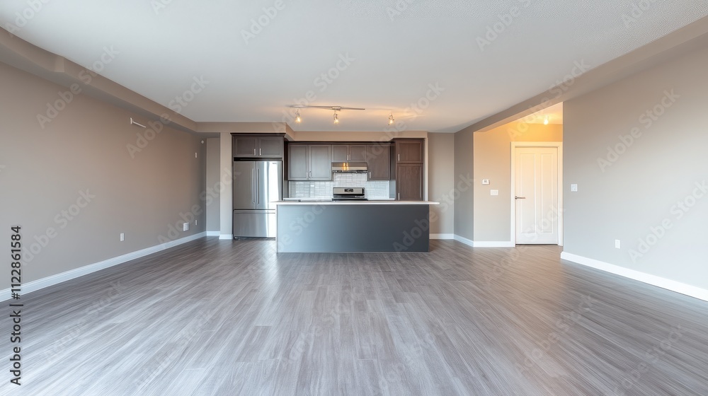 Fototapeta premium Modern empty apartment interior with kitchen island and hardwood floors.