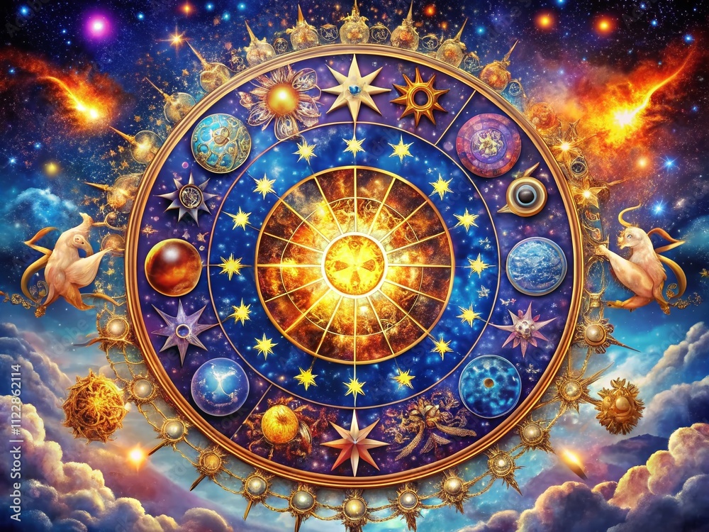 Obraz premium Cosmic Zodiac Greeting Card Set Featuring Celestial and Astral Symbols in a Stunning Aerial Photography Style with Vibrant Colors and Artistic Designs
