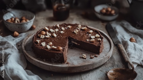 Decadent chocolate hazelnut tart with a slice removed. photo