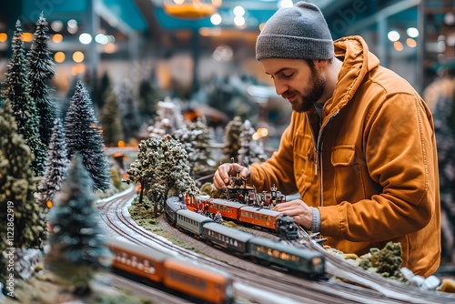 Man building model train set